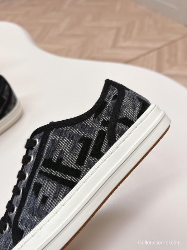 2025 Women Fendi Black Grey Fabric Leather Sneakers
