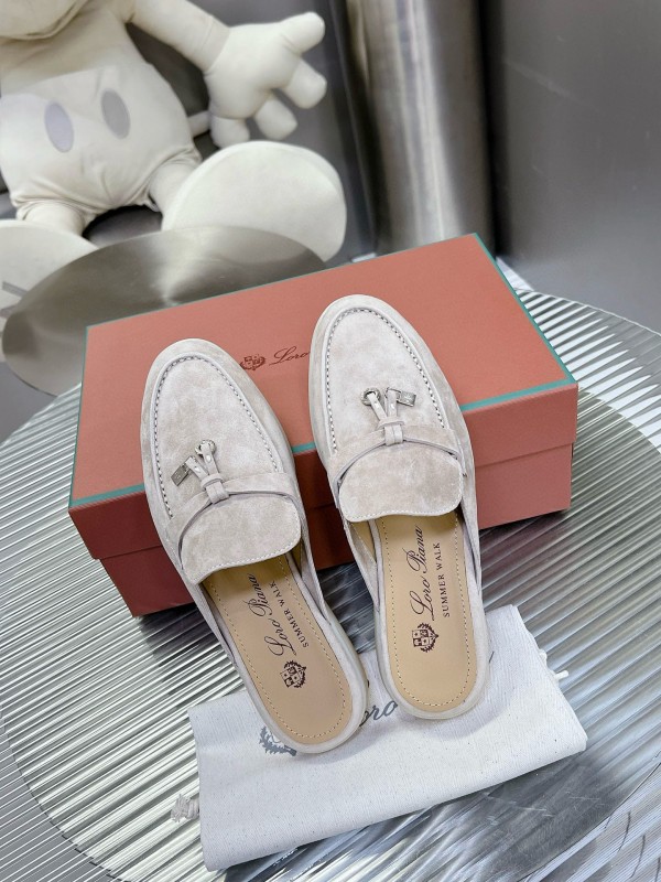 2024 Slippers Loro Piana Light Gray Suede Loafers MJ00270
