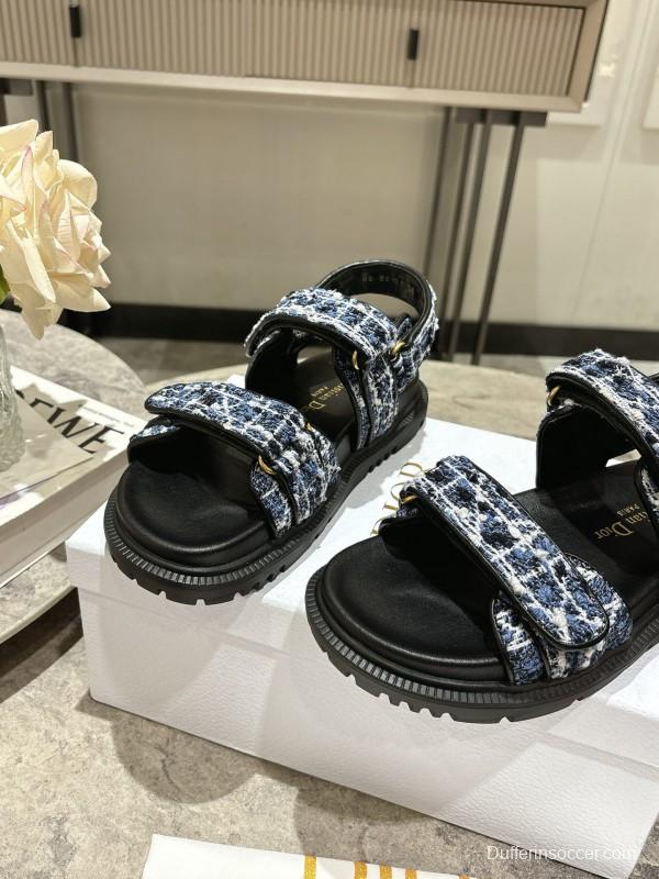 2025 Women Dior Black Blue White Fabric Leather Sandals KFY00300