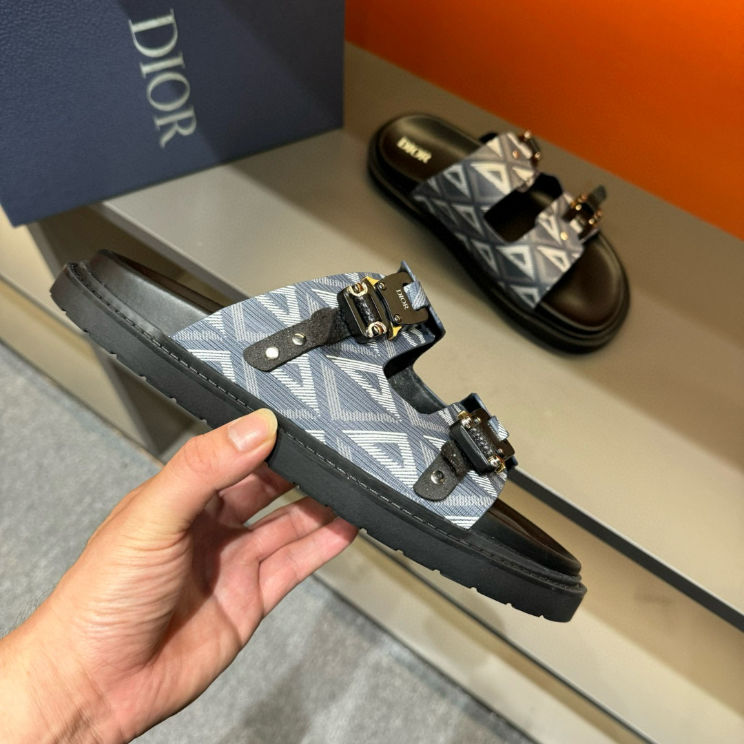 2024 Slippers Dior Grey Black Fabric Slippers MJ00200