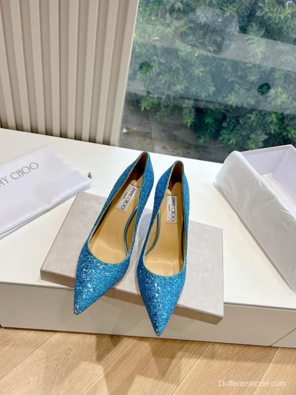 2025 Women Jimmy Choo Blue Glitter Leather Pumps