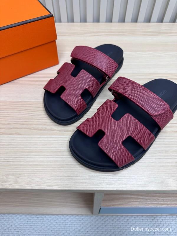 2025 Slippers Hermès Burgundy Black Leather Slide KFY00260