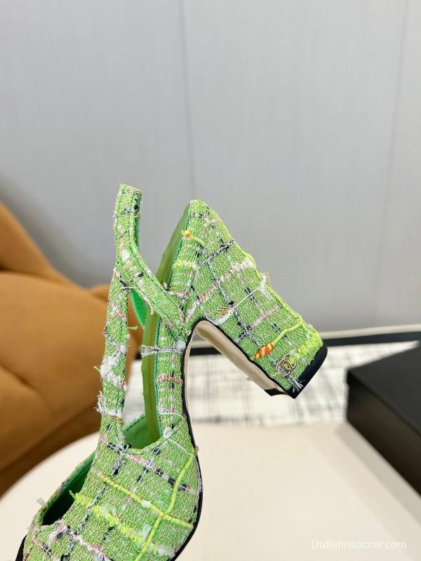2025 Women Chanel Green Black Tweed Pump Slingback LY00270