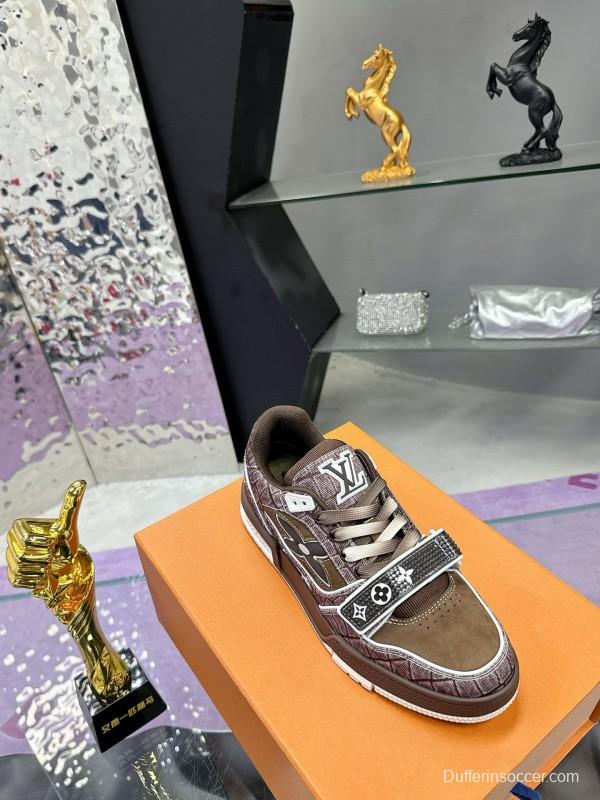 2024 Unisex Louis Vuitton Brown Silk Leather Denim Plimsolls Magic Tape MJ00410