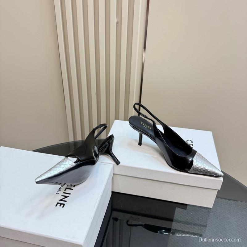 2025 Women CELINE Black White Leather Slingback Heels KFY00310