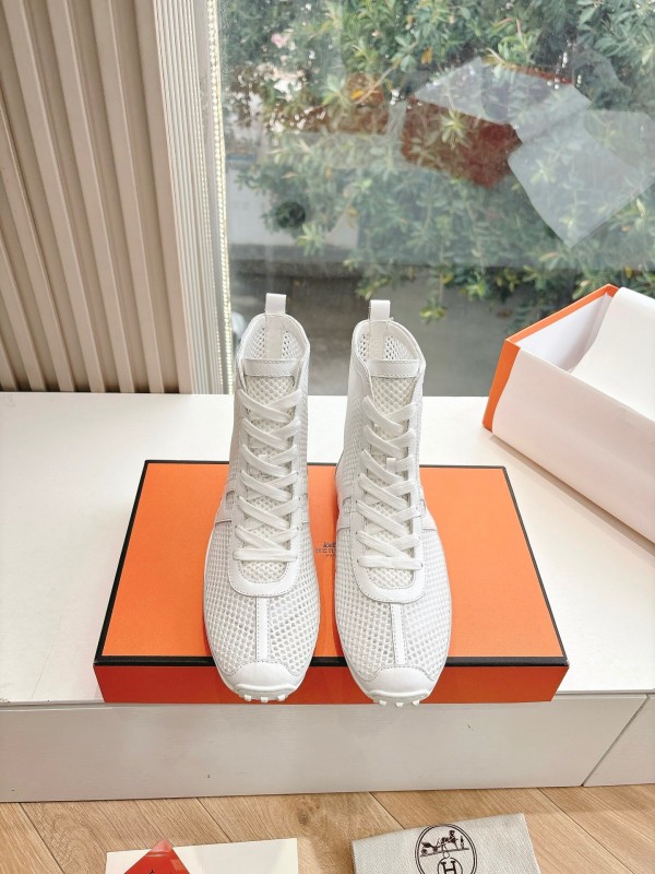 2025 Women Hermès White Leather Mesh Ankle Boots