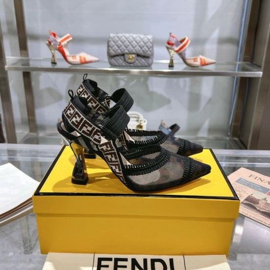 2025 Women Fendi Black Beige Mesh Leather Heels MJ00280