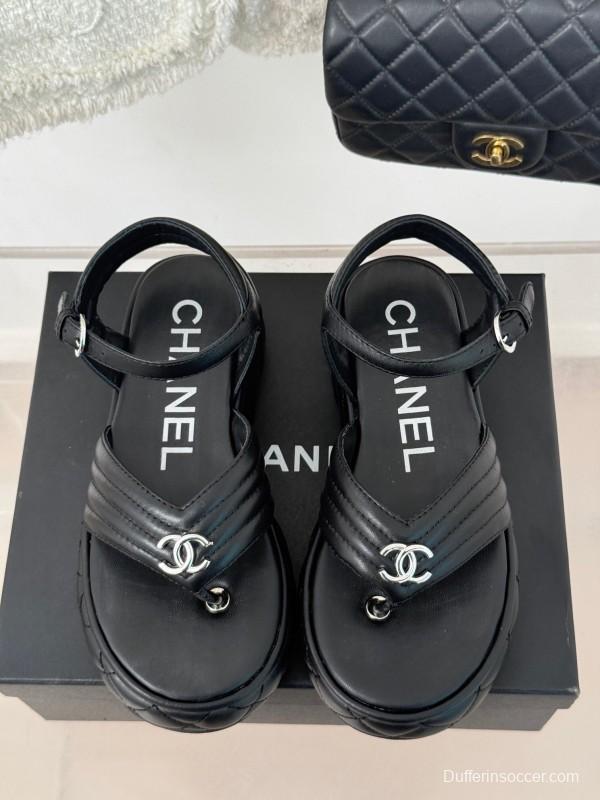 2025 Women Chanel Black Leather Sandals Platform