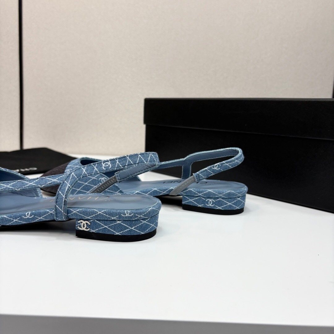 2025 Women Chanel Blue Black Denim Leather Slingback LY00240