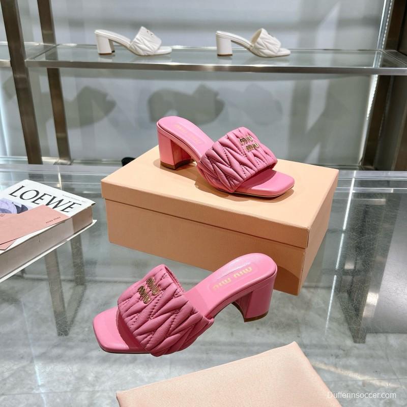 2025 Women Miu Miu Pink Sheepskin Heeled Sandals Quilted KFY00250