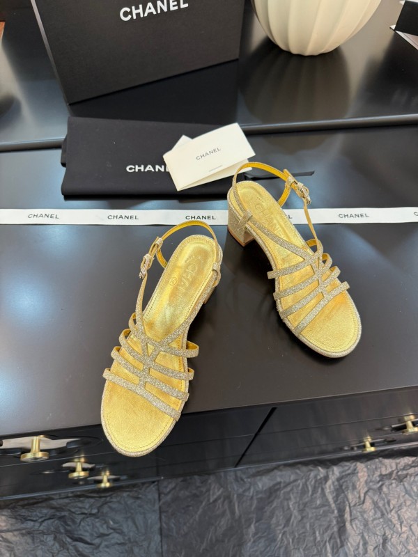 2025 Women Chanel Gold Fabric Sandals KFY00289