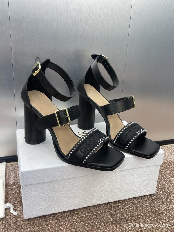 2025 Women Dior Black Leather High Heel Sandals Studded KFY00320