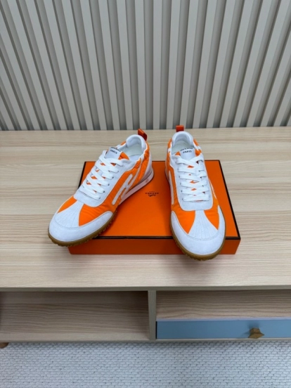 2025 Unisex Hermès Orange White Suede Nylon Sneakers Top Version LY00310