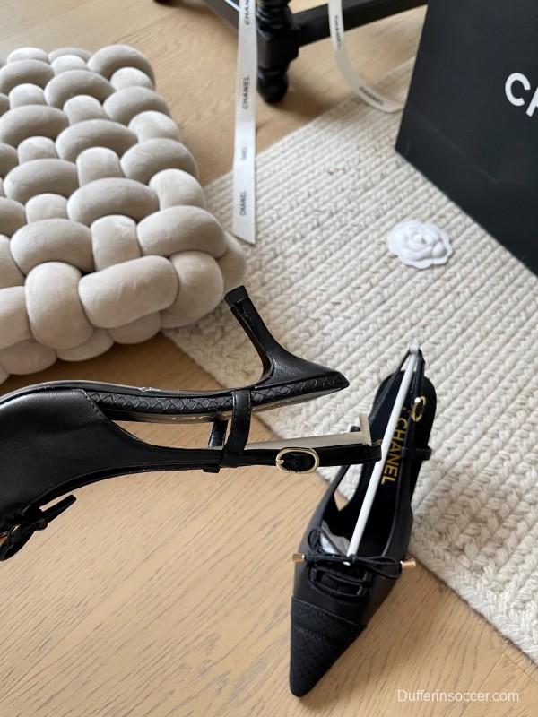 2025 Women Chanel Black Leather Slingback Bowknot Pumps KFY00320