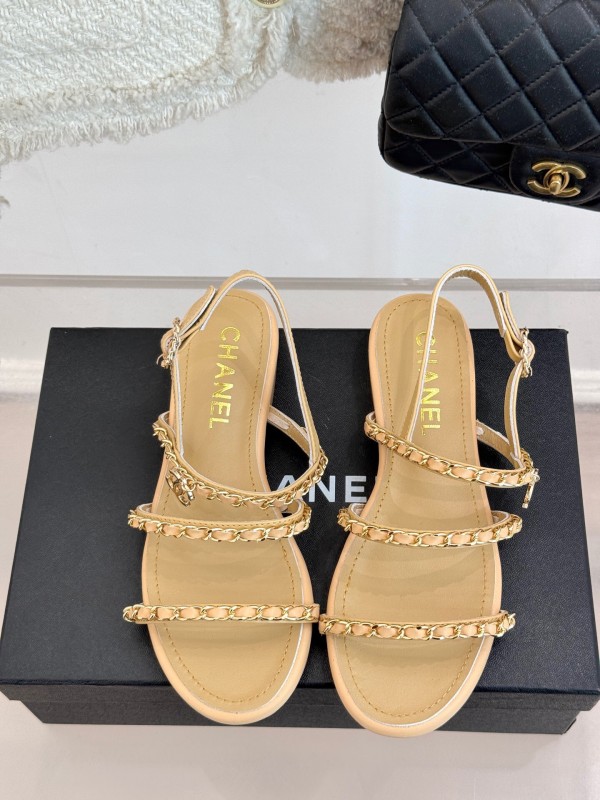 2025 Women Chanel Beige Leather Sandals KFY00270
