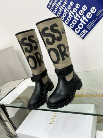 2024 Women Dior black beige leather canvas boots MJ00350