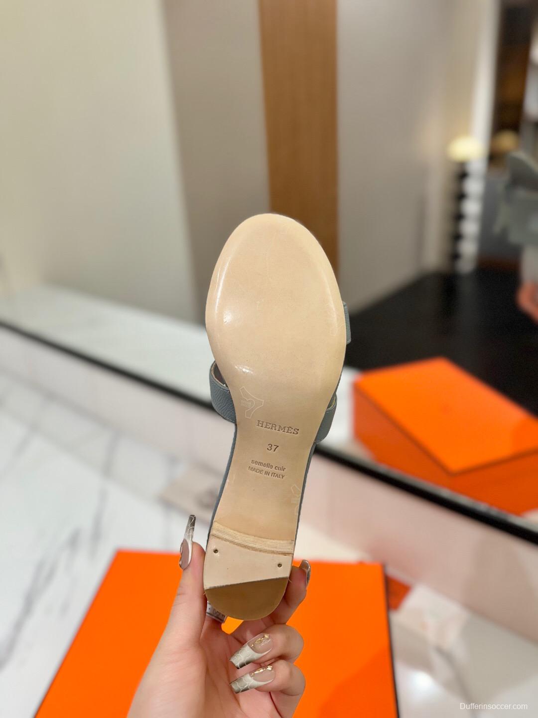 2025 Women Hermès Light Grey Leather Sandals