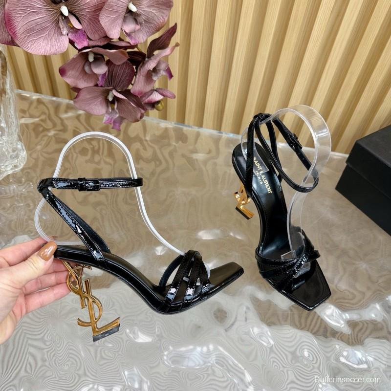 2025 Women Yves Saint Laurent Black Patent Leather High Heel Sandals Metal Logo MJ00310