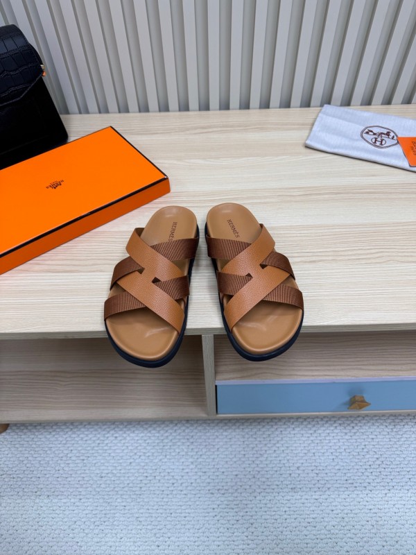 2025 Men Hermès Brown Leather Slippers