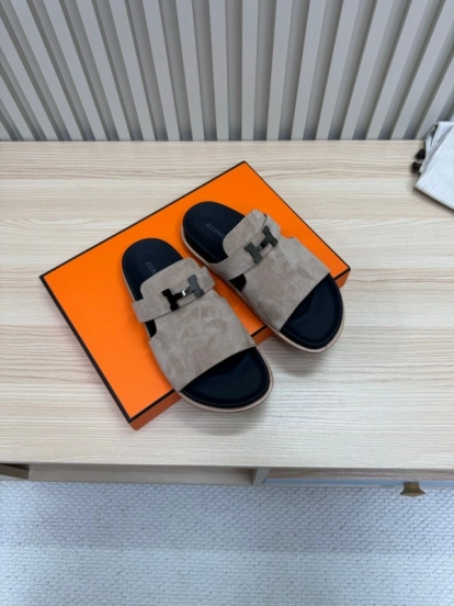2025 Slippers Hermès Sand Beige Suede Double Strap