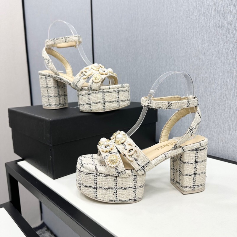 2025 Women Chanel Beige Black Tweed Platform Sandal KFY00310