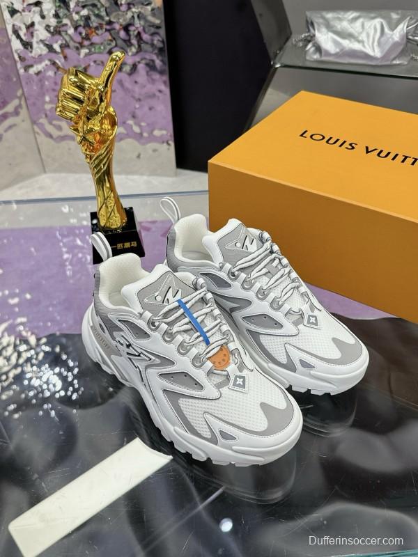 2025 Men Louis Vuitton White Grey Mesh Leather Sneakers MJ00420