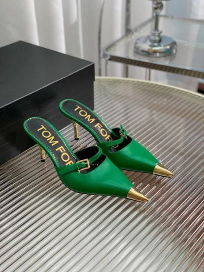 2025 Women TOM FORD Green Gold Leather Pointed Toe Mules KFY00300