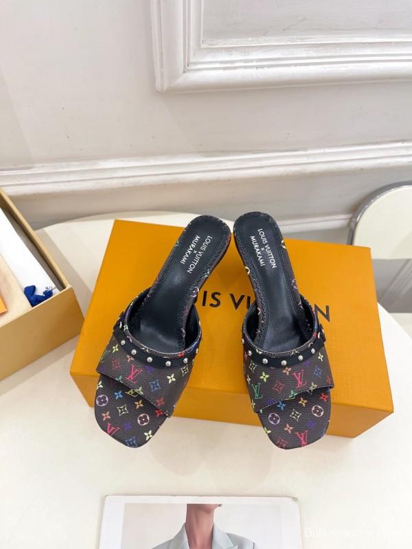 2025 Women Louis Vuitton Black Rainbow Leather Slippers KFY00290
