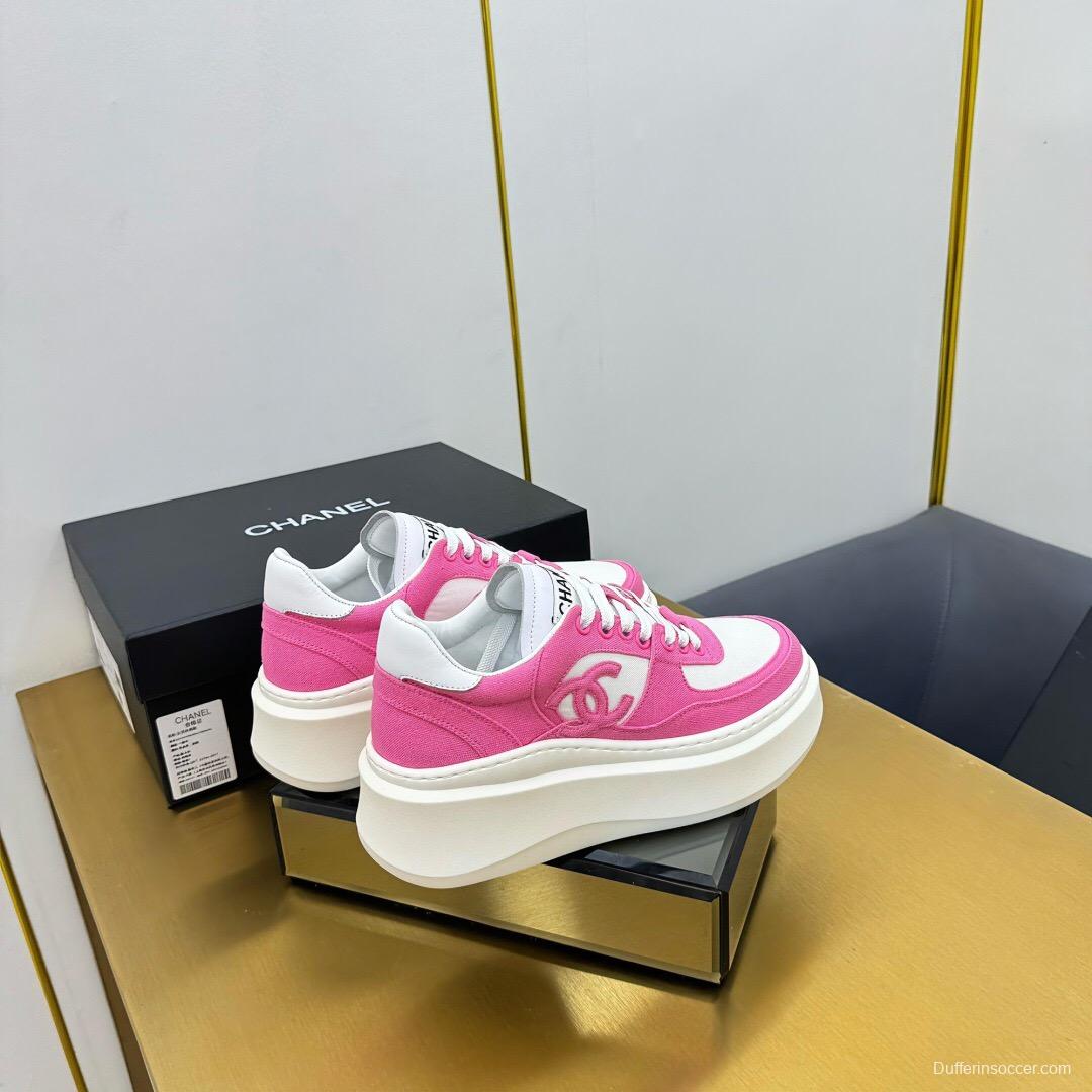 2025 Women Chanel Pink White Leather Canvas Sneakers
