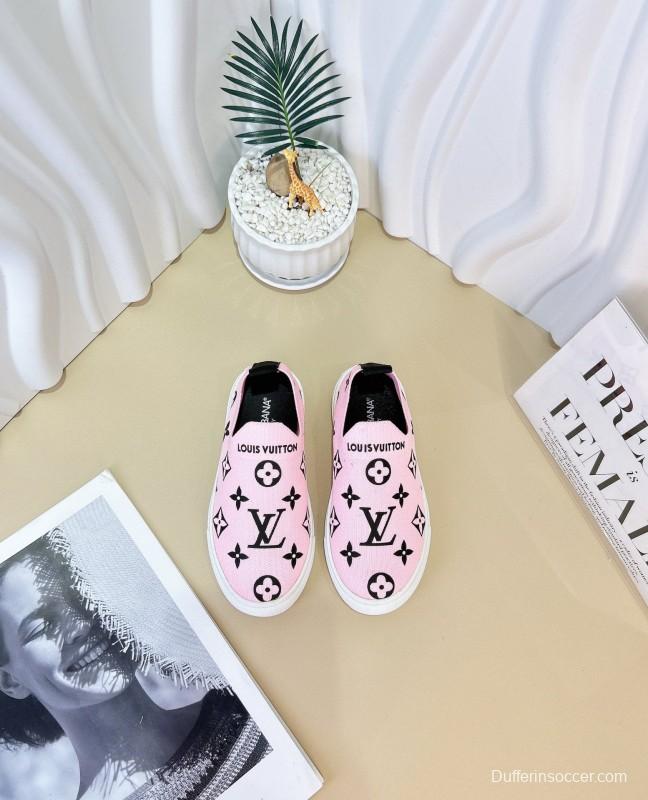 2024 Kids Louis Vuitton White Black Pink Canvas Slip-On Sneakers