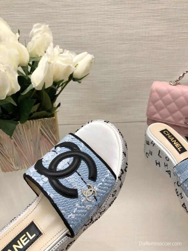 2025 Women Chanel Blue Denim Canvas Slippers LY00320