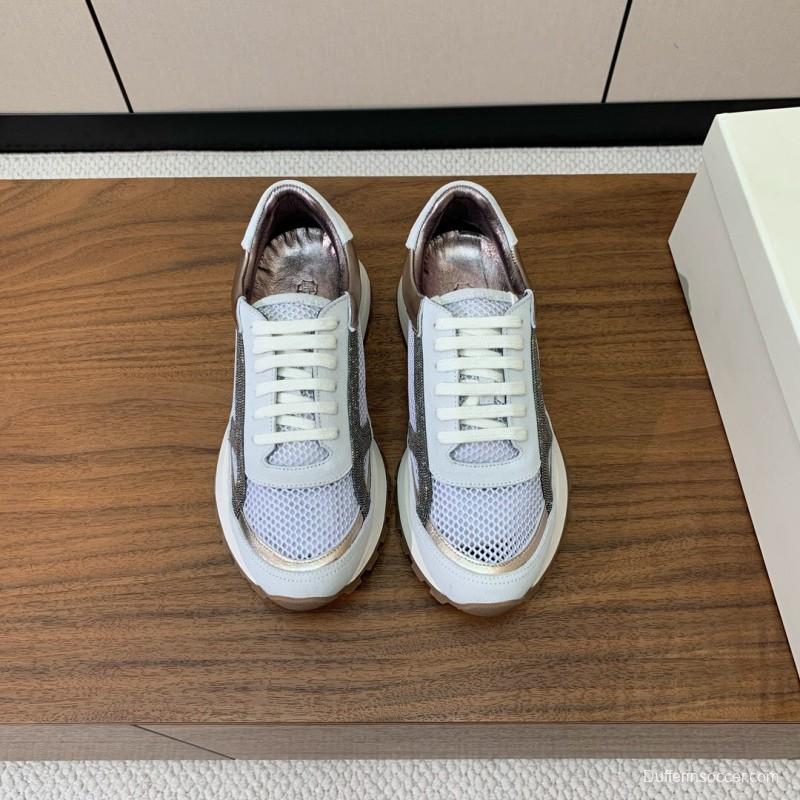 2025 Women Brunello Cucinelli White Silver Mesh Leather Sneakers