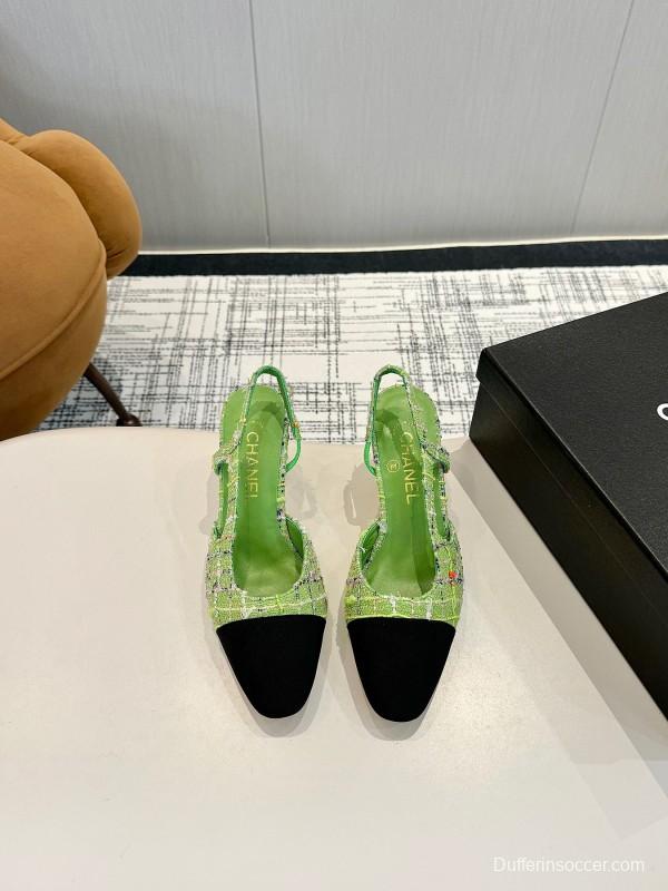 2025 Women Chanel Green Black Fabric Leather Slingback Shoes