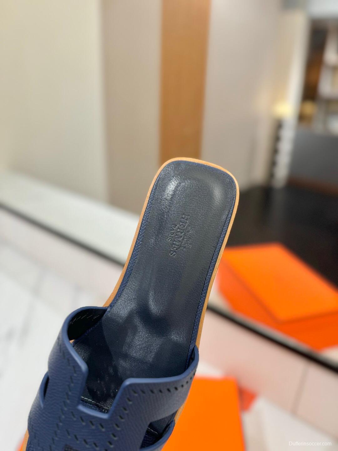 2025 Women Hermès Navy Leather Slippers