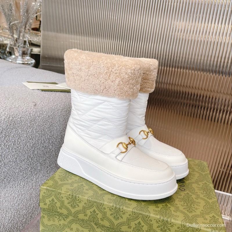 2024 Women Gucci White Sheepskin Snow Boots Gold Hardware
