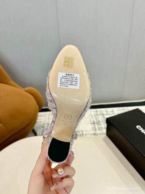 2025 Women Chanel Black White Tweed Leather Slingback Block Heel LY00270