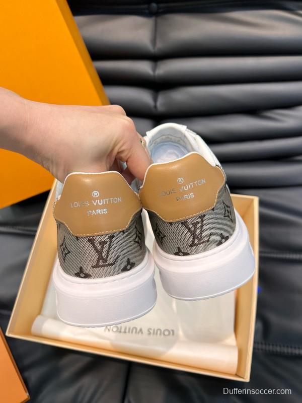 2024 Unisex Louis Vuitton White Brown Mesh Leather Sneakers MJ00400