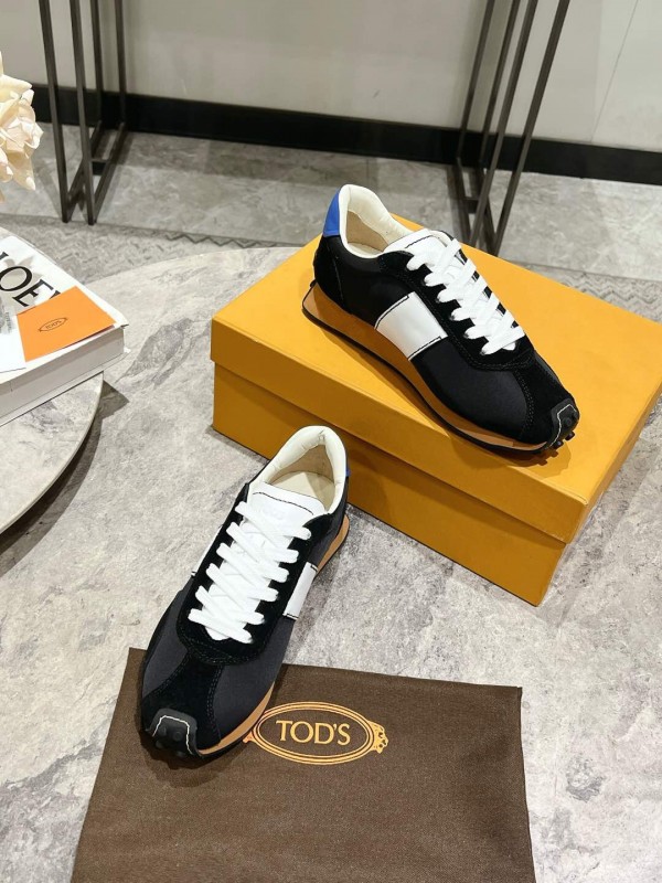 2025 Women TOD'S Black White Nylon Calfskin Sneakers