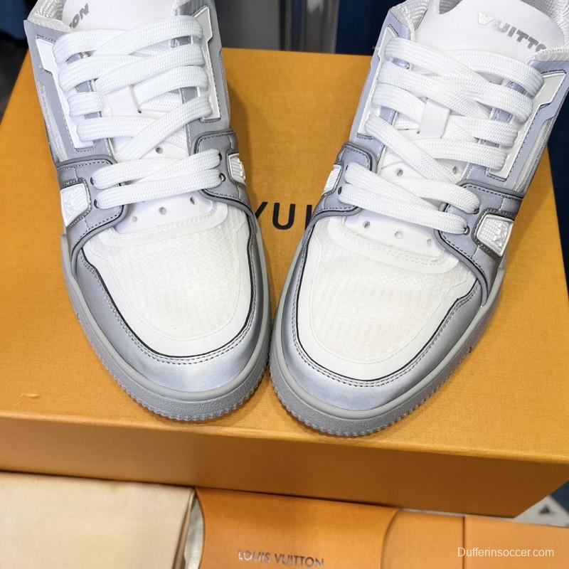 2025 Unisex Louis Vuitton White Light Grey Mesh Leather Trainer