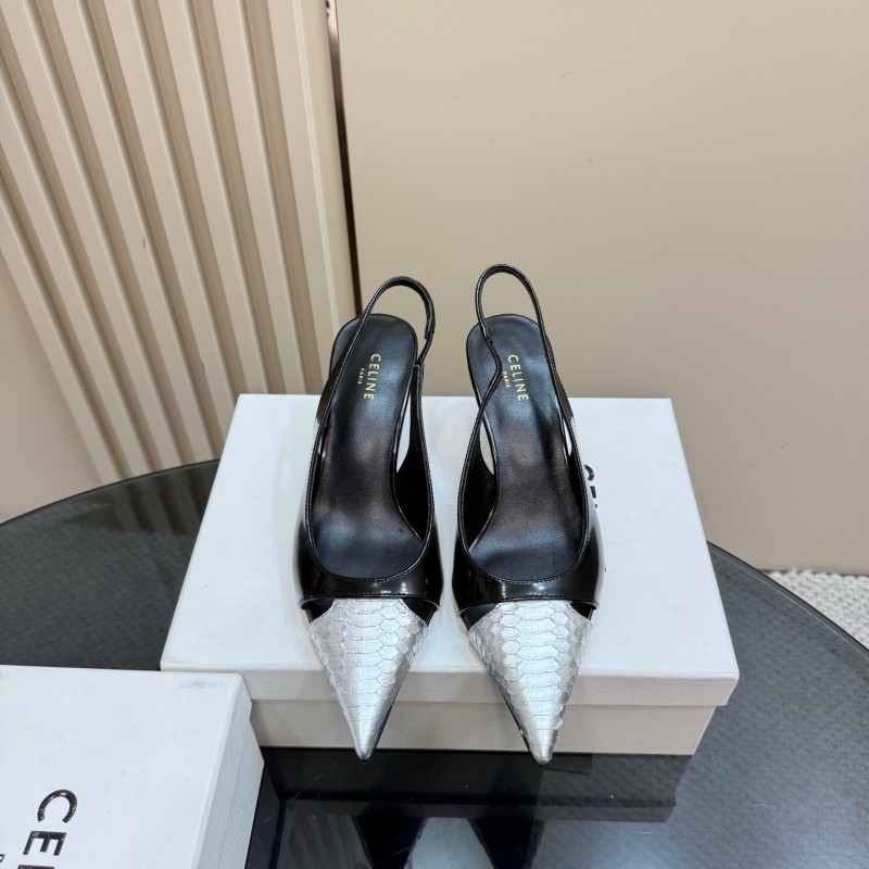 2025 Women CELINE Black White Leather Slingback Heels KFY00310