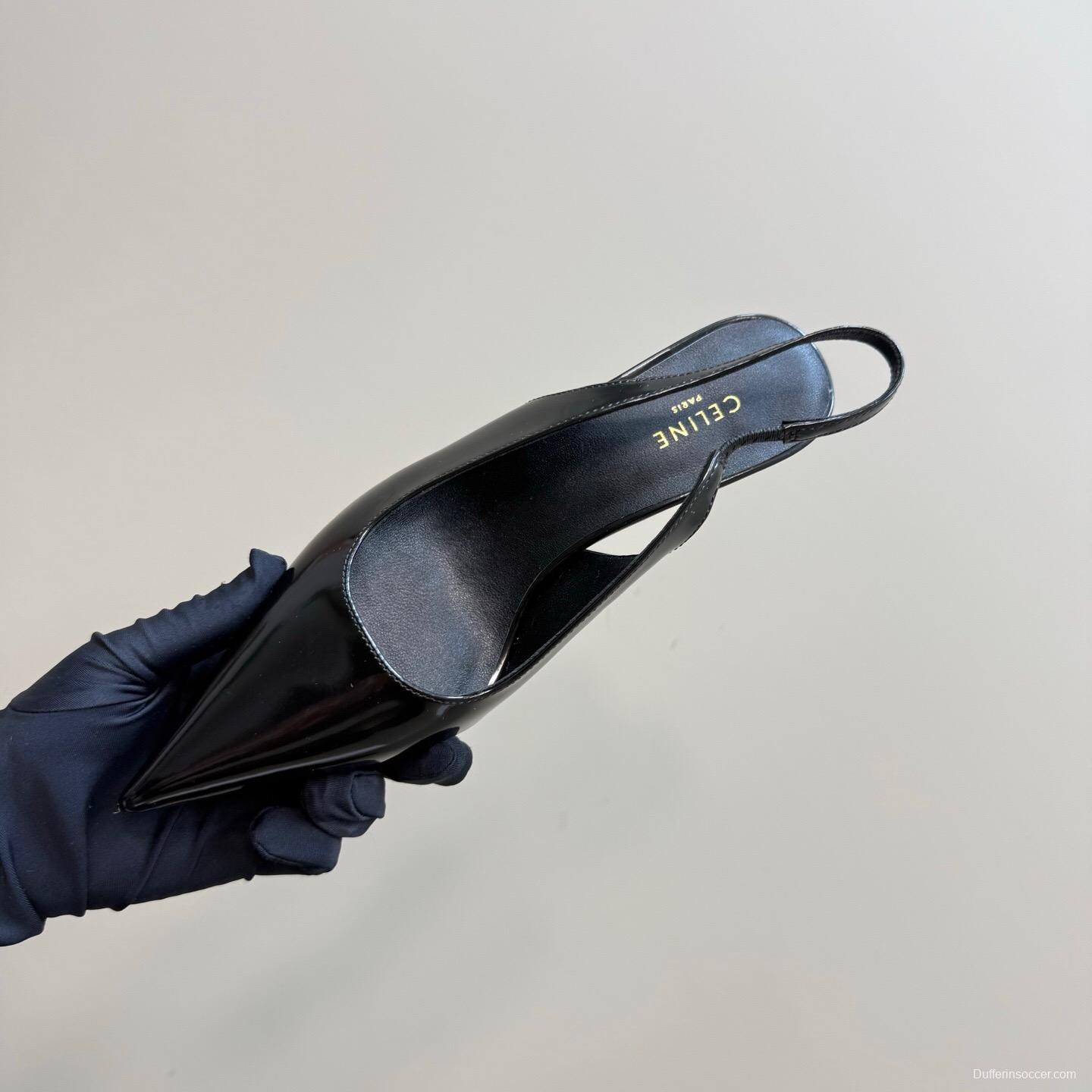 2025 Women CELINE Black Patent Leather Slingback Pumps KFY00310