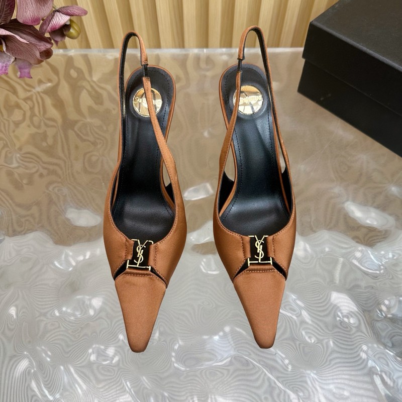 2025 Women Yves Saint Laurent Brown Leather Slingback Pumps MJ00300