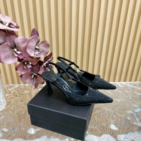2024 Women Yves Saint Laurent Black Silk Slingback Heels MJ00320