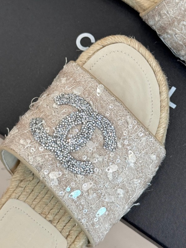 2025/Women Chanel White Lace Espadrille Slides With Sequined CC Logo KFY00240(F)