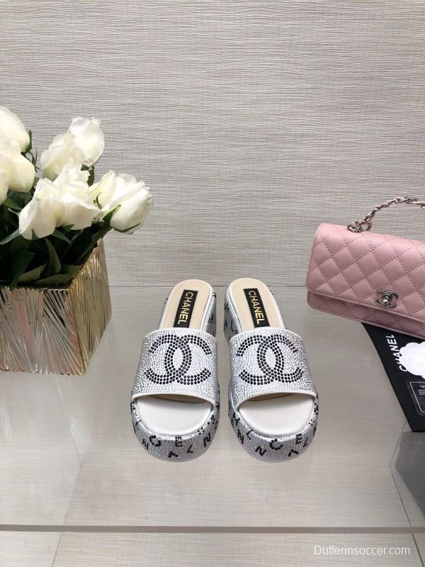 2025 Slippers Chanel White Rhinestone Platform Slide LY00330