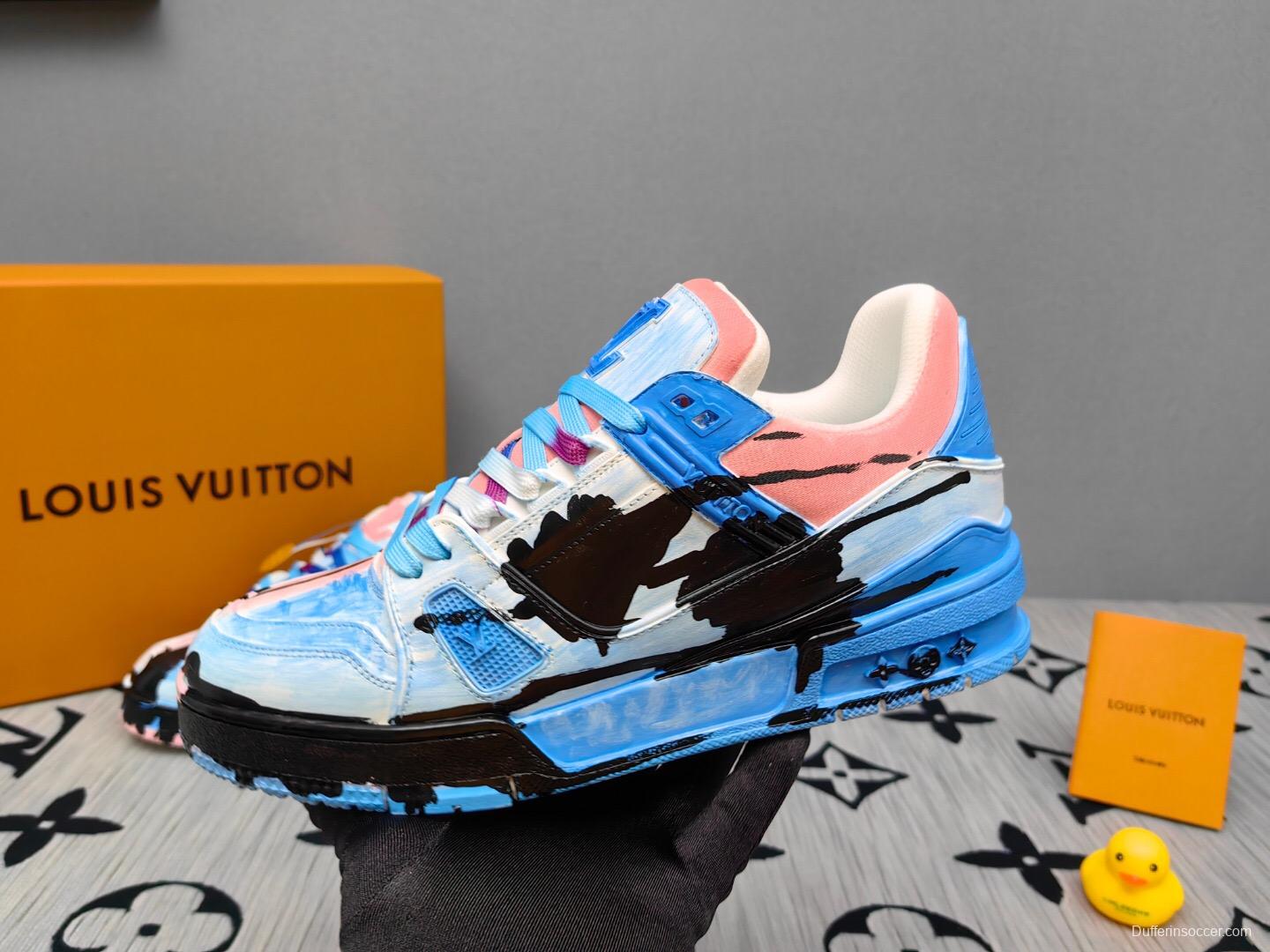 2025 Unisex Louis Vuitton Pink Blue Leather Canvas Plimsolls Hand Painted KFY00620