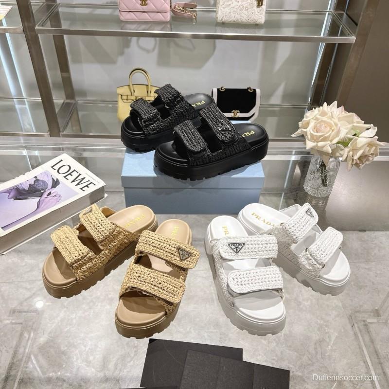 2025 Women Prada Beige Woven Leather Slippers LY