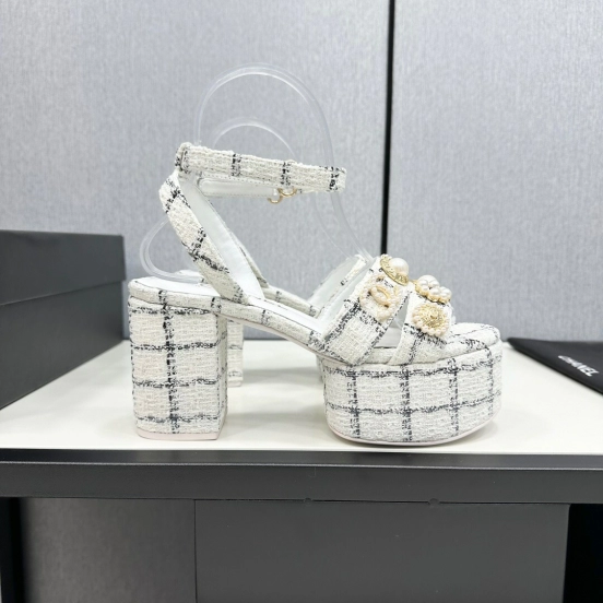 2025 Women Chanel White Black Fabric Platform Sandals Pearl Embellishment