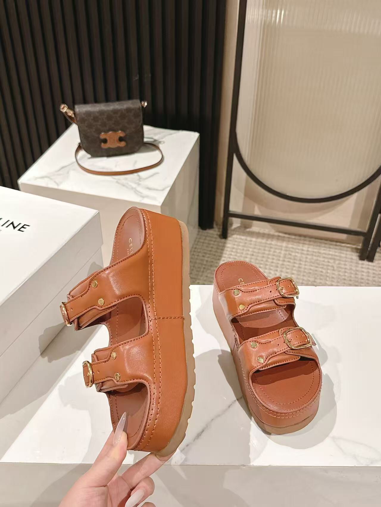 2025 Women Celine Brown Leather Platform Sandals LY00300