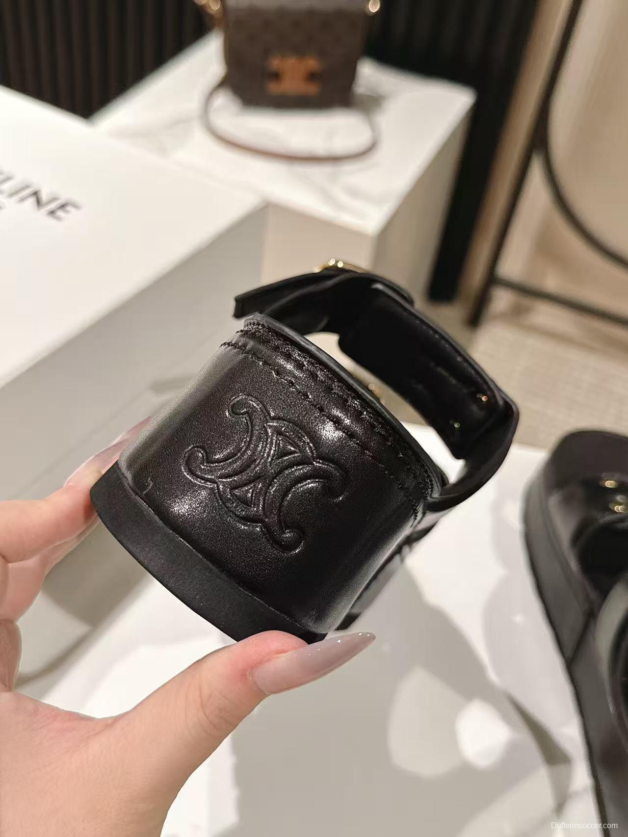 2025 Women Celine Black Leather Platform Slide Sandals LY00300